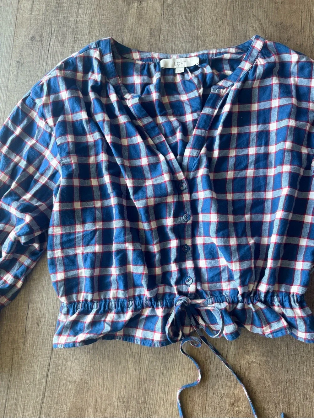 Loft Blue Plaid Midi Length Drawstring Top